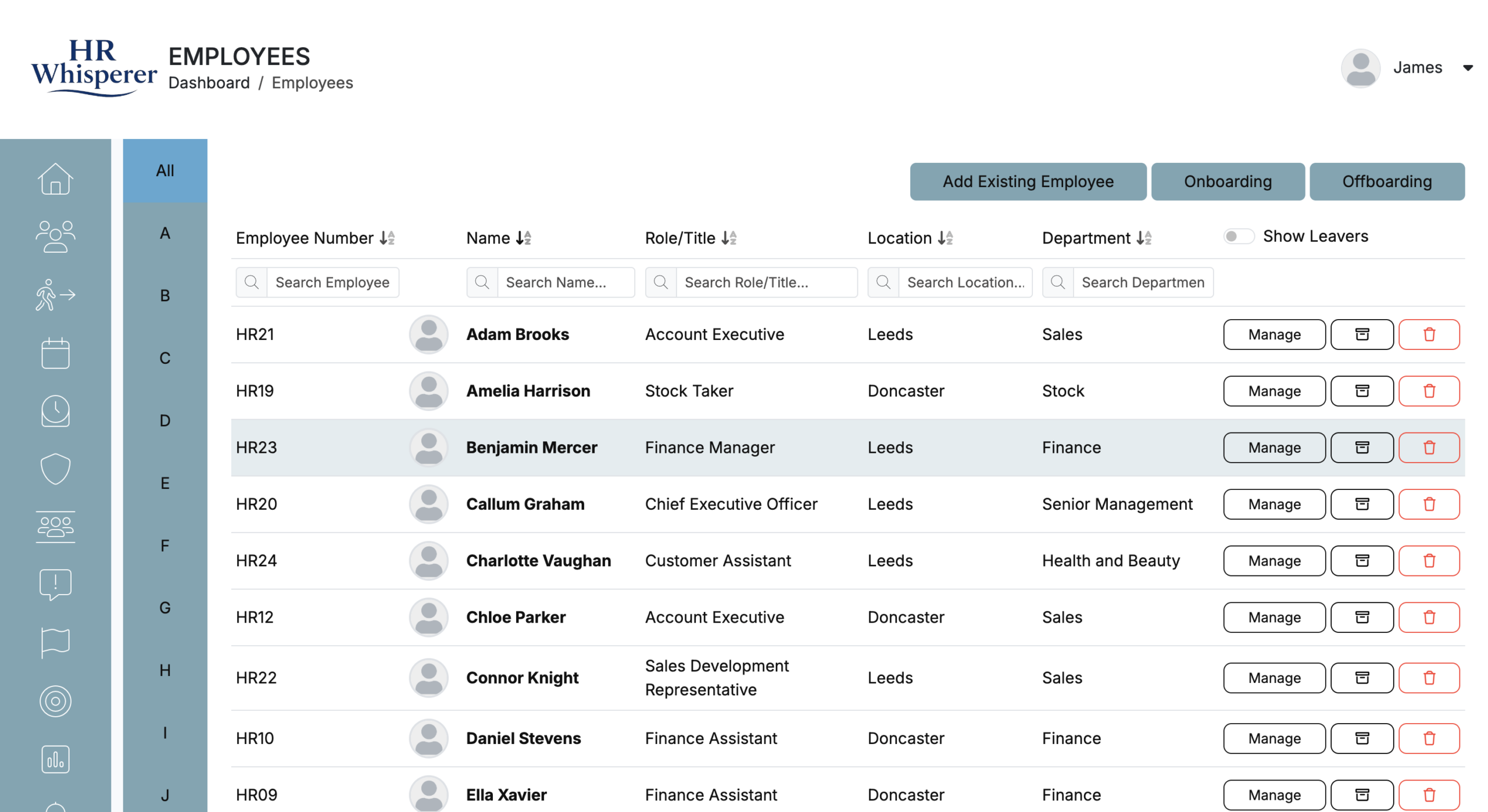 HR Whisperer Hub employee management screen